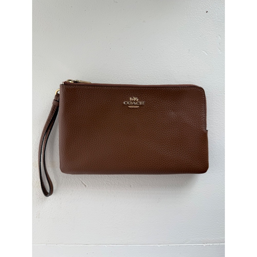 Coach Brown Pebbled Leather Double Zip Wristlet Clutch Wallet Gold Hardware